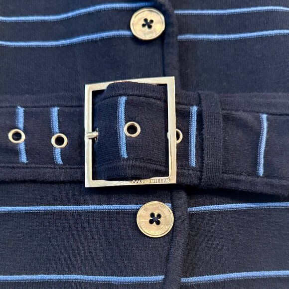 Karen Millen Navy Blue Striped Belted Sweater Jacket Snap Closure Women's Size 1 - Picture 4 of 6